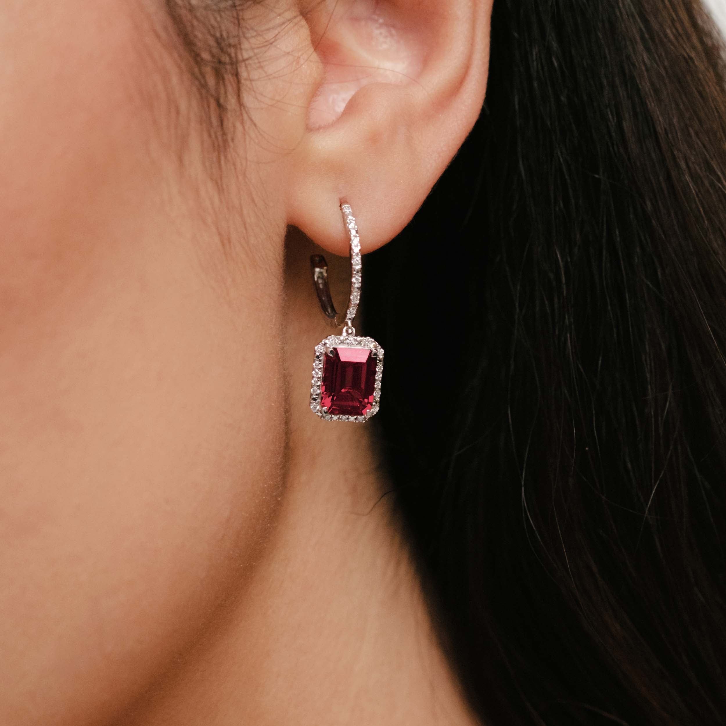 Astra 3.50ct Lab Ruby and Diamond Drop Halo Octagon Cut Earrings in Silver